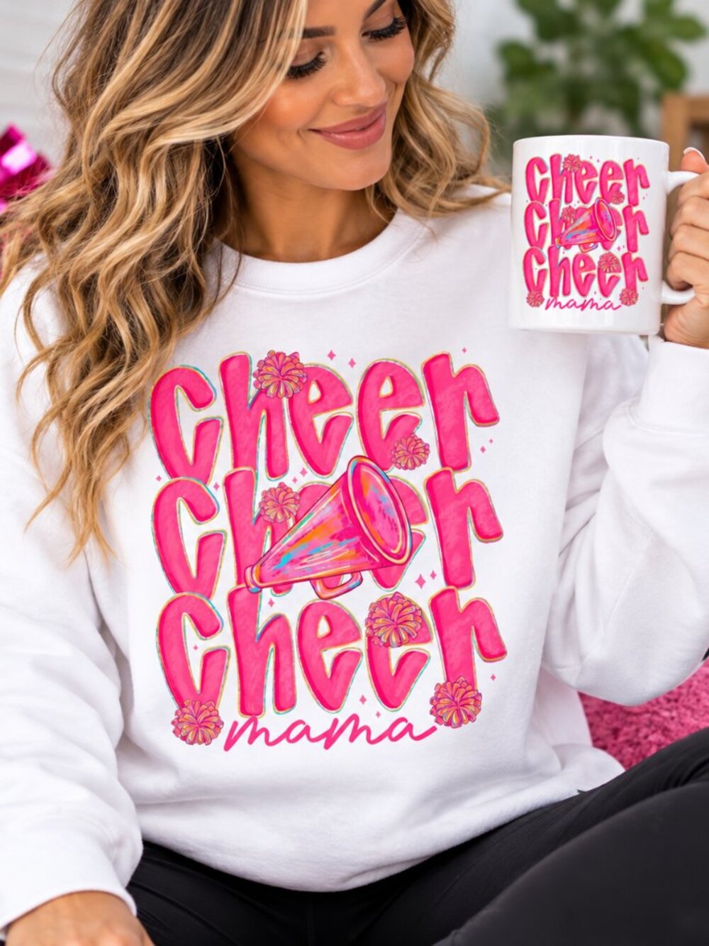 Cheer Mom Sweatshirt & Mug Set Cheerleading Mama Gift Pink Cheer Set